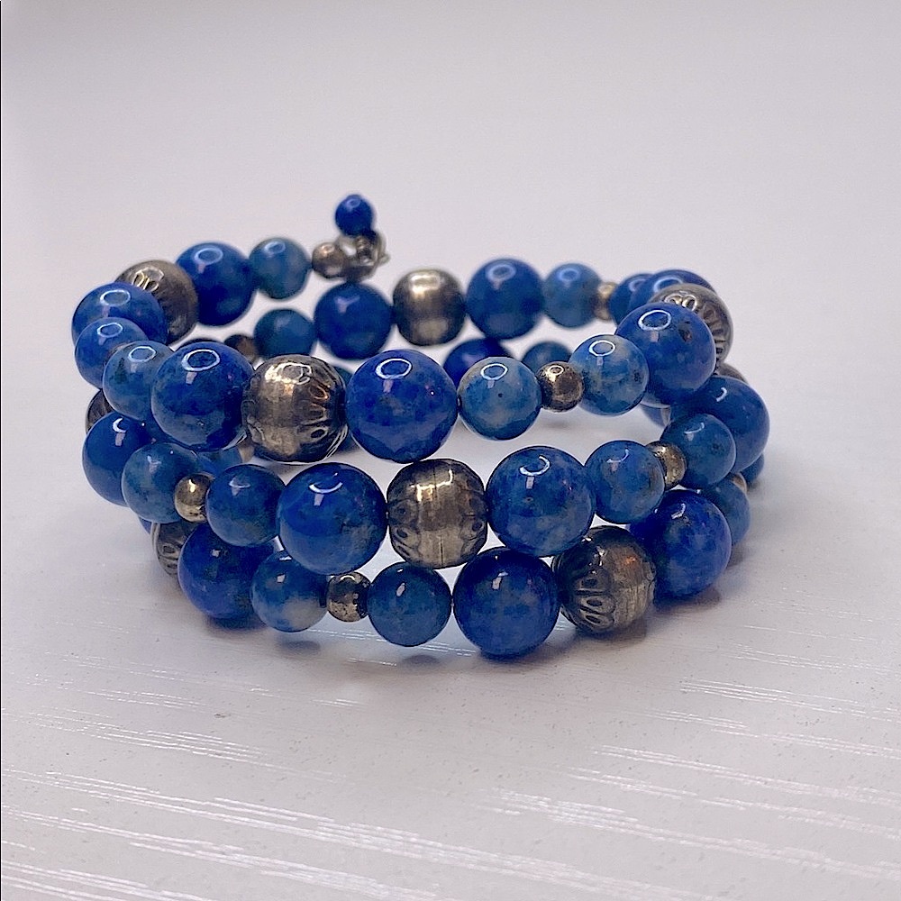 Blue Beaded & Navajo Pearl Coil Bracelet By Caroline Pollack
